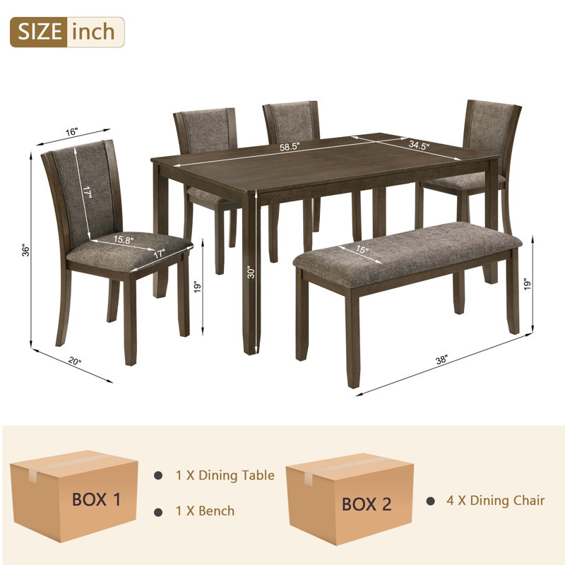 Ensemble de table de salle à manger 6 pièces avec banc et chaises