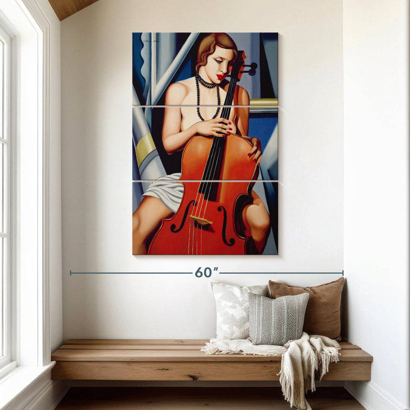 Femme Abarca avec violoncelle, H 50 po x l 32 po