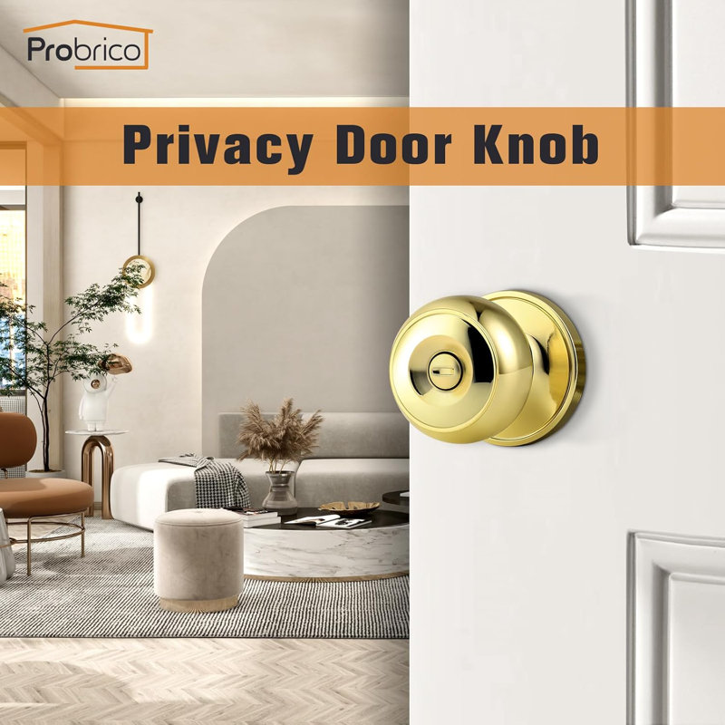 Door Knobs with Round Rosette, Keyless Lock, Polished Brass, Privacy (Bed & Bath)
