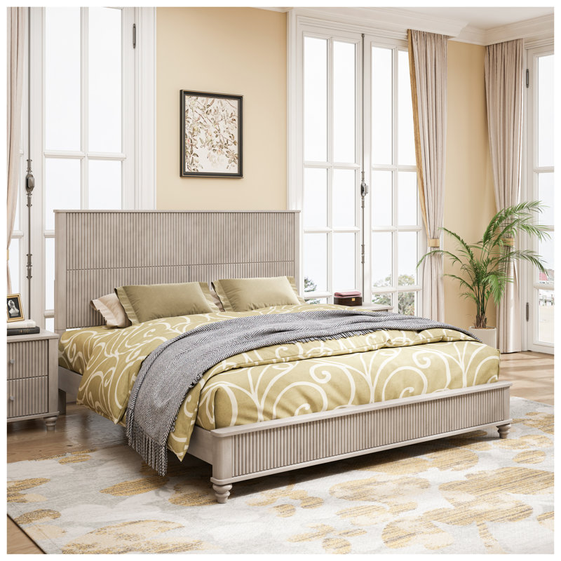 Structure de lit plateforme en bois massif avec très grande tête de lit - lit en bois d'hévéa naturel, sans sommier, beige
