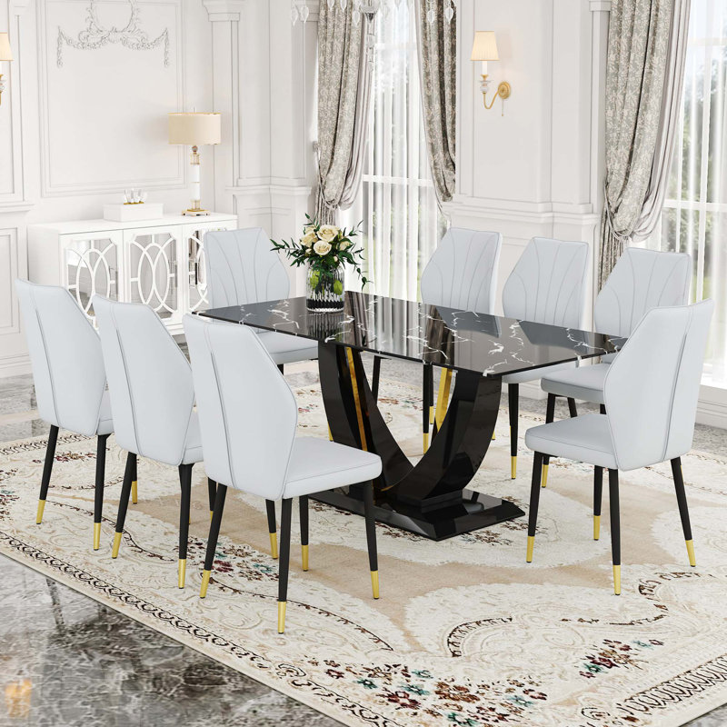 Marble Pattern Tempered Glass Dining Set - With 8 PU Chairs With A Widened Backrest Design, Light Grey