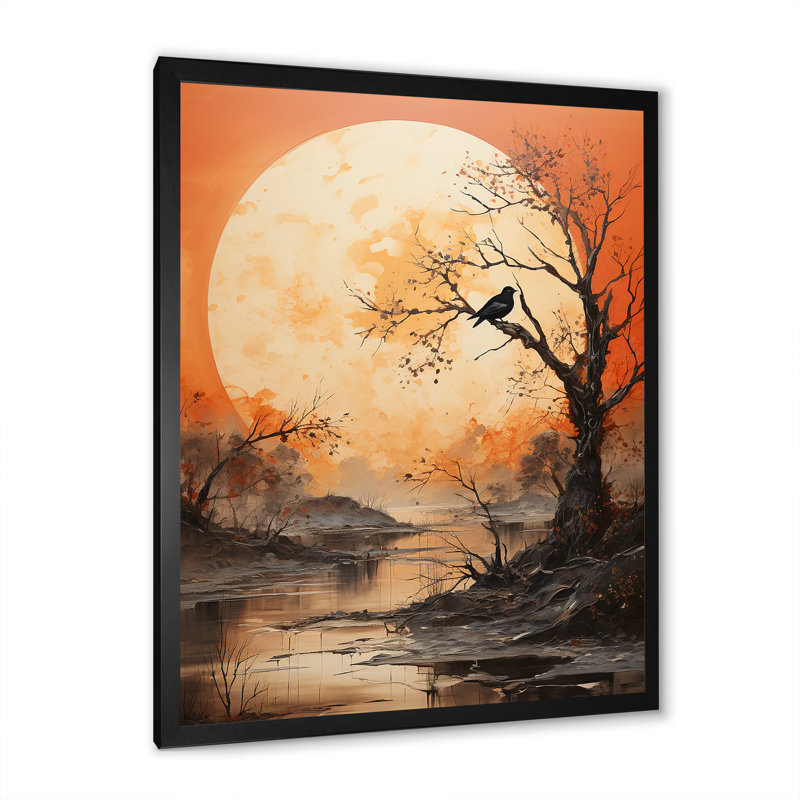 «Tree Orange Moon Silhouette», reproduction sur toile florale, Cadre photo noir, H 20 po x l 12 po x P 1 po
