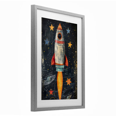 Blast Off Rocketship Framed Print Under Glass, design by Creative Studio