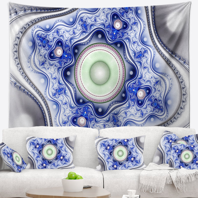 Motif abstrait bleu sur blanc avec cercles tapisserie, H 32 po x l 39 po