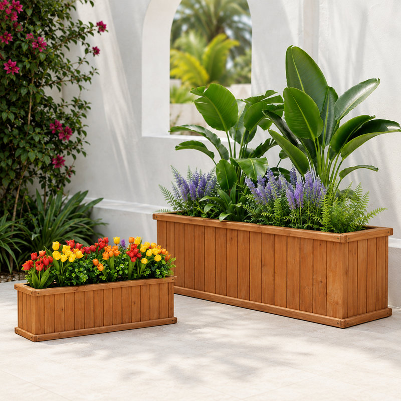 2-Piece Cedar Wood Outdoor Planter Box Set with Drainage, 40-Inch and 48-Inch Rectangular, Brown
