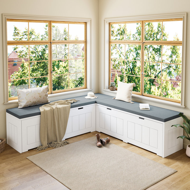 Banc de rangement en forme de L, banc de coin-repas de cuisine, banc d'angle sans dossier avec rangement, bancs à chaussures avec coussin pour vestiaire d'entrée, blanc et gris, P 63 po x l 63 po x H 18,3 po