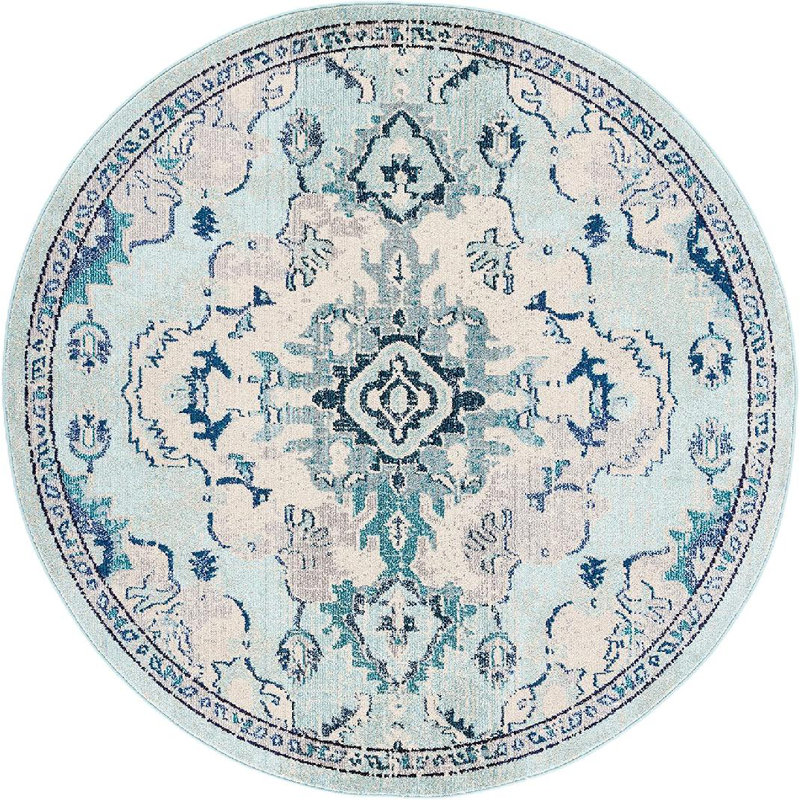 Tapis de style oriental bleu clair, Rond 6 pi 7 po