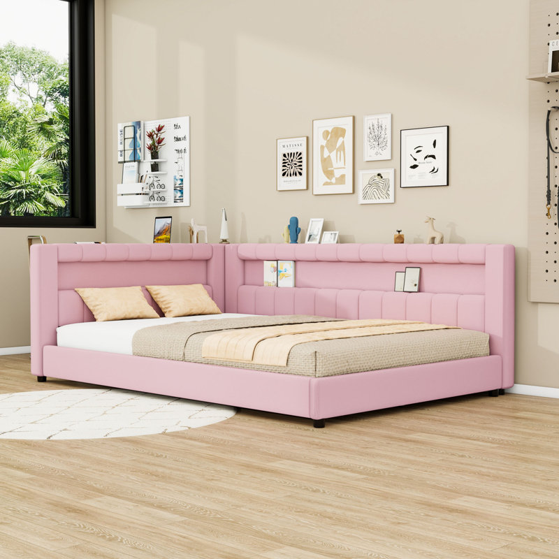 Upholstered Daybed with USB Ports, LED Light and Slats, Full XL, Pink