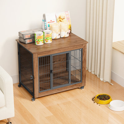 Cage pour chien double porte 32,5 po robuste pour petits chiens, meuble d'intérieur en métal et bois avec table d'appoint, pour chiens anxieux, facile à déplacer et à aérer, en acier brun, assemblage sécurisé.