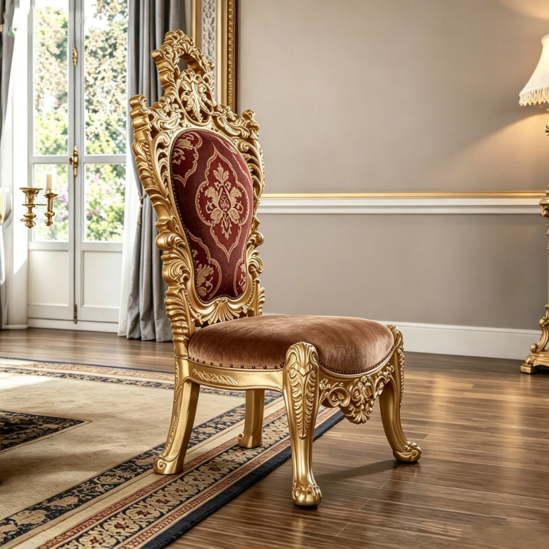Chaise de salle à manger vintage en tissu jacquard doré sculpté