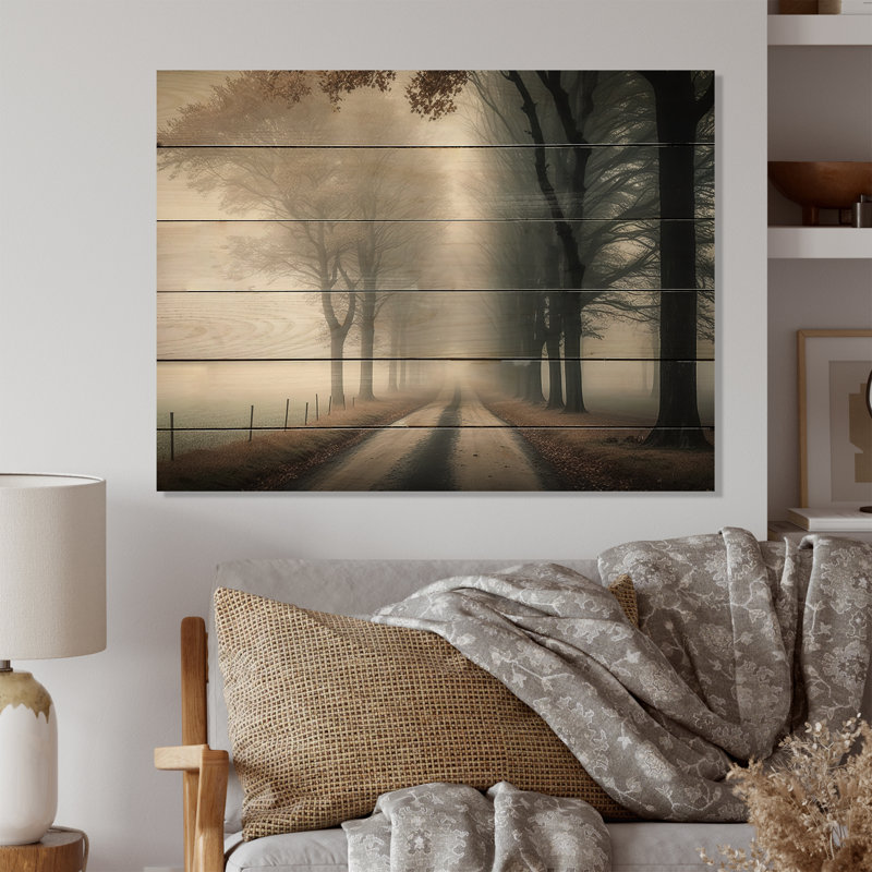 «Misty Road Through the Forest II», reproduction sur bois sans cadre, H 30 po x l 40 po x P 1,5 po