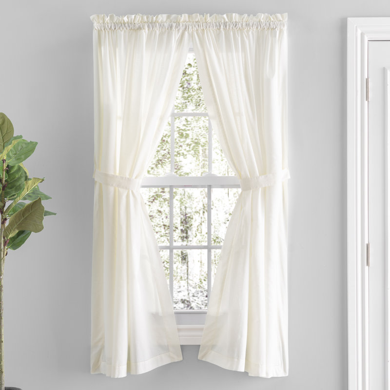 Blandford Premium 100% Cotton Solid Hemstitch Semi-Sheer Rod Pocket Curtain Panels with Tie-Backs, Natural, 40" x 63"