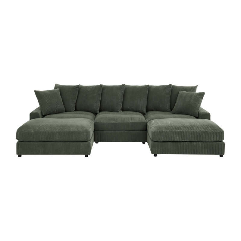 Reversible Modular Corner Sectional with Ottoman, Antique Green Corduroy