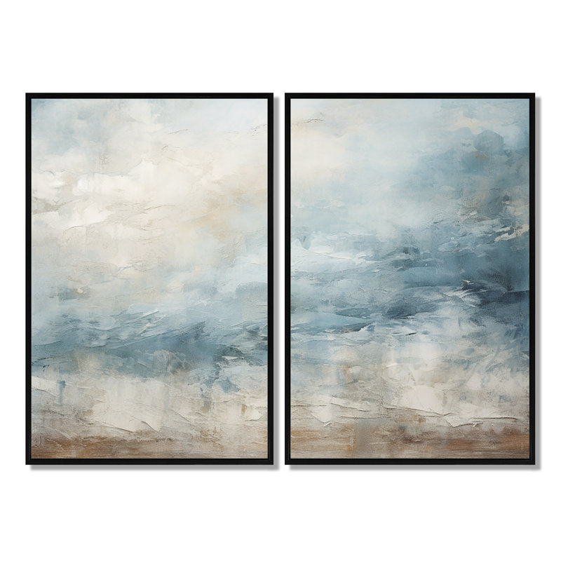 Beige bleu océan tempête I - Formes abstraites, reproduction d'art sur toile, Noir, H 36 po x l 48 po