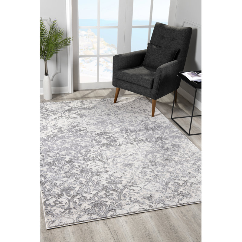 Tapis abstrait en polyester tissé à la machine en crème / gris, Rectangle 5 pi 3 po x 7 pi 6 po