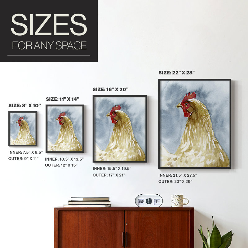 «Chicken Portrait I», reproduction encadrée de qualité supérieure - prête à être accrochée - aucun clou requis - aucun clou requis