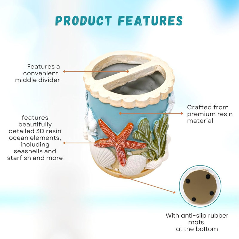Resin Coastal Ocean-Inspired Toothbrush Holder 3D Seashell and Starfish Design for Bathroom Décor