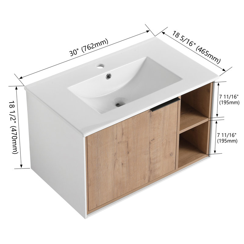 Meuble-lavabo mural flottant 30 po avec lavabo en céramique