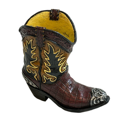 Polyresin Brown & Black Faux Leather Style Western Country Rustic Cowboy Boot Freestanding Figurine