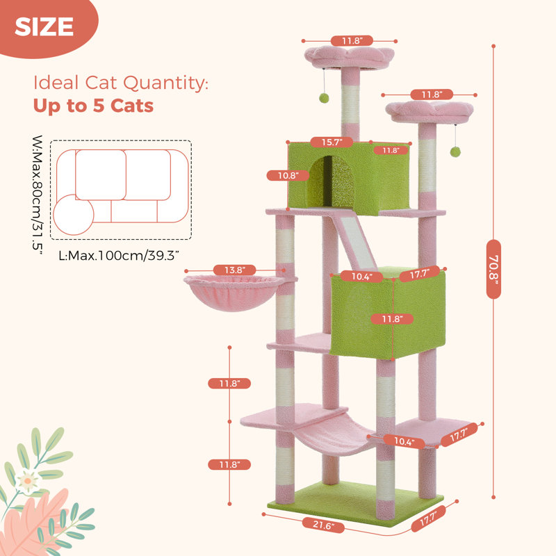 Arbre à chat, grande tour pour chat de 71 pouces avec 8 poteaux à griffer, 2 perchoirs, 2 grottes, panier, hamac, pompons, maisonnette pour chat à plusieurs niveaux
