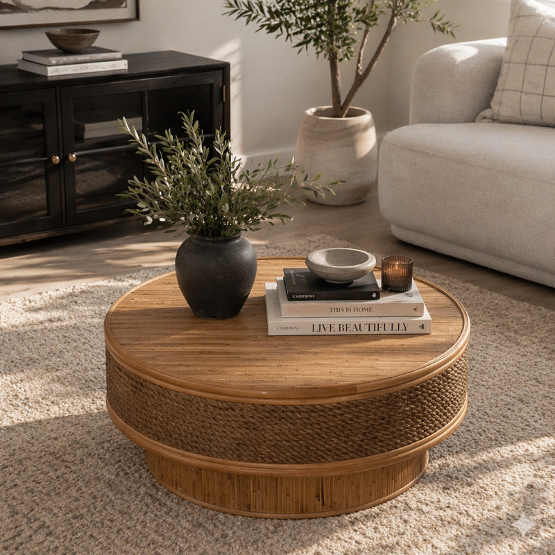 Table basse ronde en rotin et corde de chanvre avec plateau rabattable, H 13,79 po x l 31,52 po x P 31,52 po