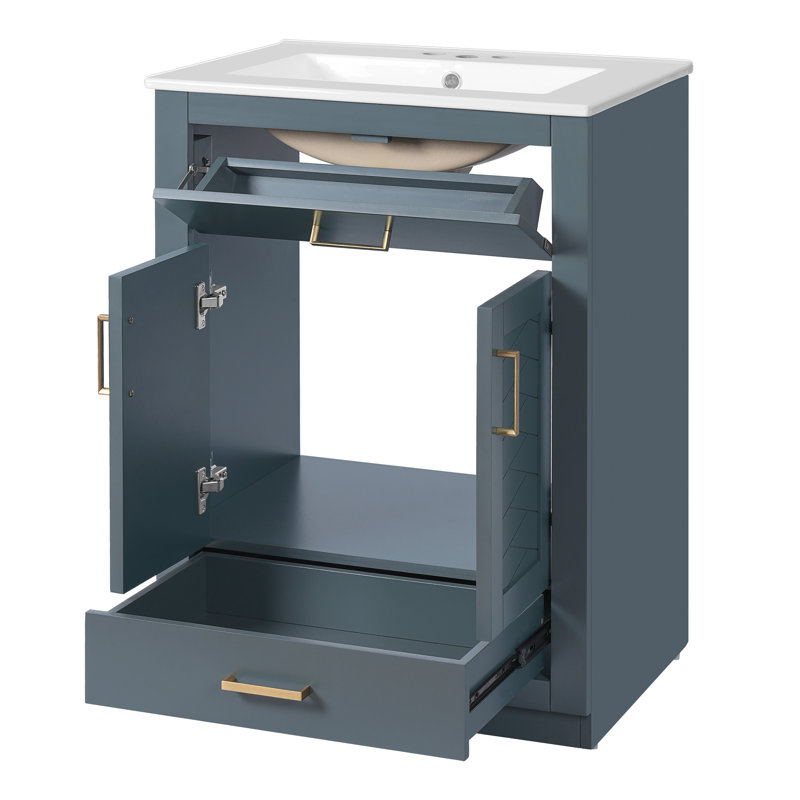 24'' Bathroom Vanity, With 2-Door Vanity, Ceramic Sink, Drawers, Blue., Blue