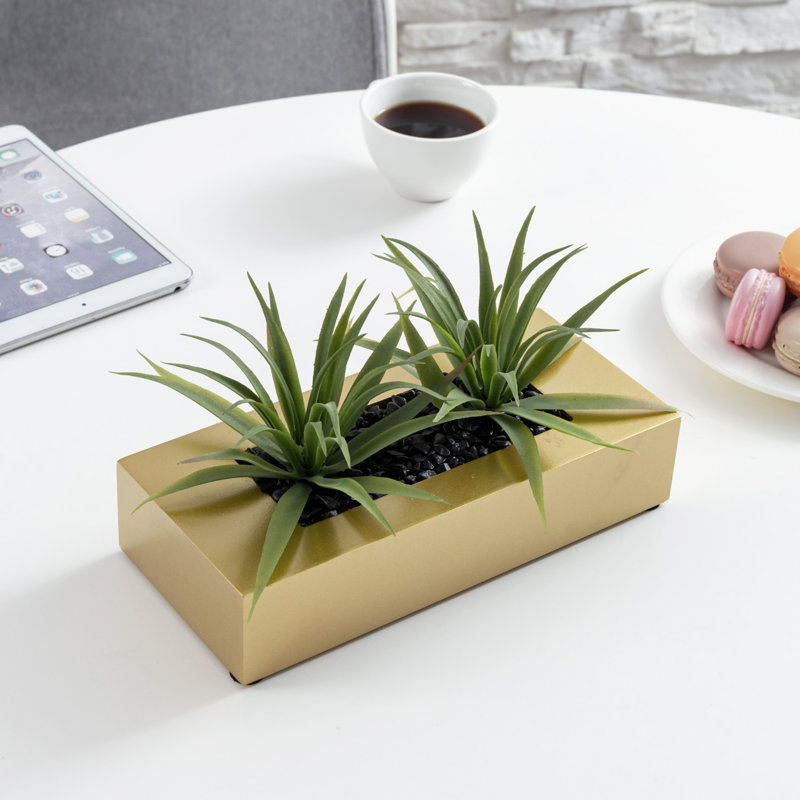 14 cm H Faux Onion Grass Plant in Solid Wood Planter, Gold