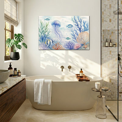 Watercolor Jellyfish and Tropical Coral Canvas Wall Art Soft Ocean Marine Life Nursery Painting Print