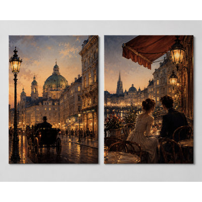 Très grand ensemble de 2 impressions sur toile de paysage urbain rétro européen, soirée romantique, rue, café, décoration pour salon, bureau de chambre à coucher, impression sur toile 24 x 36 pouces - prête à être accrochée