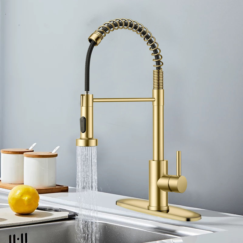 Kitchen Faucet With Pull Down Sprayer Industrial 1 Handle 1 Hole Or 3 Hole Faucet For Farmhouse Camper Laundry Utility Rv Wet Bar Sinks, Stainless Steel, Brushed Gold