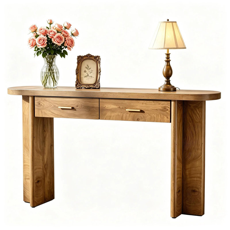 Farmhouse Oval Curved Entryway Table With 2 Drawers, 63 Inch Console Table, Country Chic Hall Table, Wood Sofa Table For Living Room