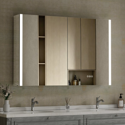 48" W x 32" H Manvitha Rectangular Silver Aluminum Frame Recessed/Surface Mount Medicine Cabinet with Anti-Fog Mirrors, 3 Color Temperatures Dimmable Lights and Adjustable Glass Shelves for Makeup, Shaving or Bathroom Vanity Storage