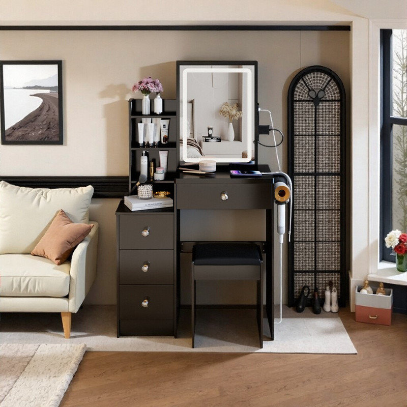 Ensemble de meuble-lavabo de luxe 29 pouces avec centrale électrique et miroir à DEL, Noir