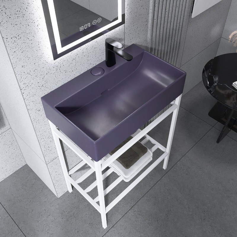 Meuble-lavabo autoportant blanc l 24 po x P 14 po x H 34 po avec plateau en céramique blanche, Mauve, Blanc