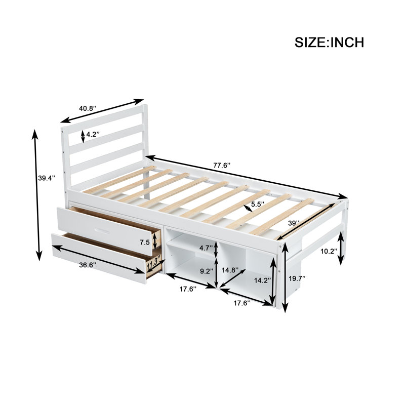 Lit plateforme en bois de taille avec tablettes de rangement amovibles, deux tiroirs de rangement intégrés pour plus de commodité,