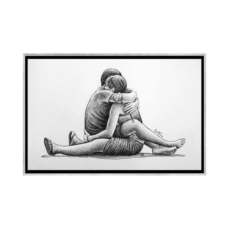 Hug par Ben Heine-impression de dessin, Pas de tapis, H 26 po x l 40 po x 1,5 po, Toile avec cadre argenté