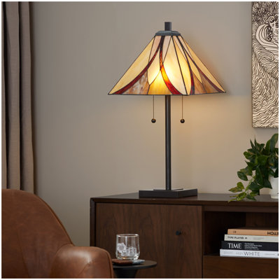 Lampe de table 30 po en métal bronze huilé avec verre brun et crème