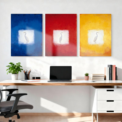 Heron on Blue Red and Yellow Background Canvas Wrapped Wall Art Oil Painting Print Set of 3