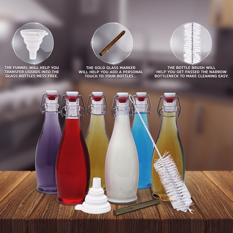 Airtight Swing Top Glass Bottles with Funnel, Brush and Marker 17 oz. Glassware Set (Set of 6) Prep & Savour