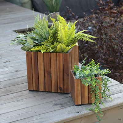 Boîte à fleurs carrée en bois d'acacia anthracite avec doublure Harmann - brun