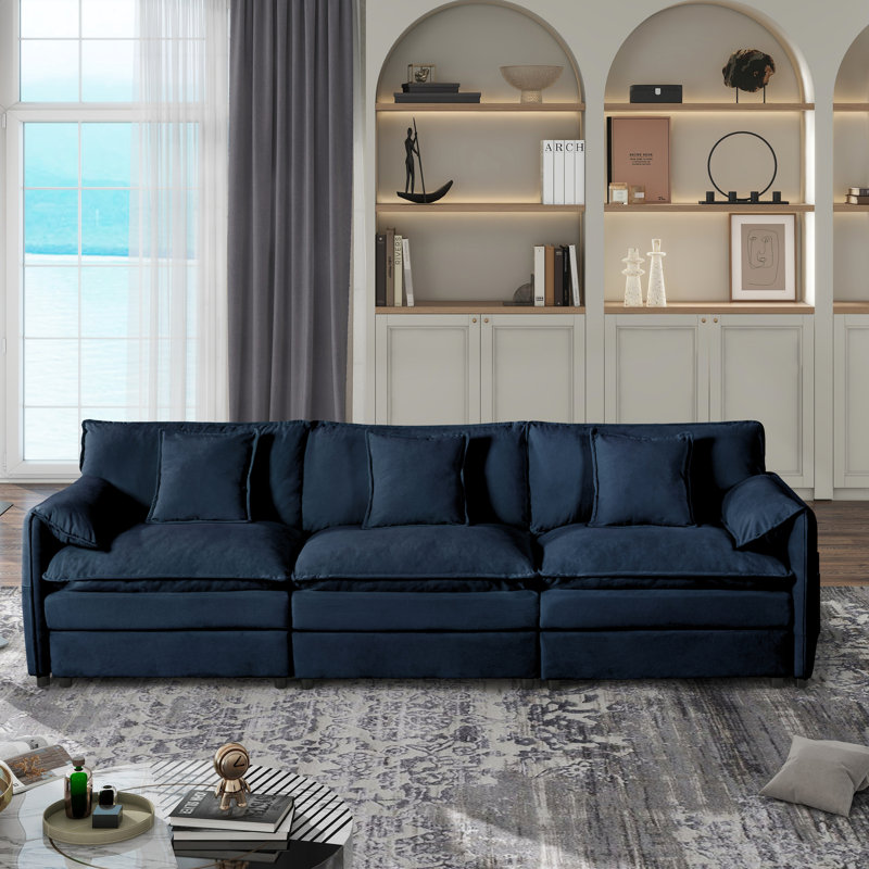 Canapé modulaire surdimensionné à 3 places en chenille bleue. Et respirant. Combinaison de bricolage, grand mobilier modulaire en chenille. Siège de bureau confortable. Aménagement personnalisable, chambre à coucher