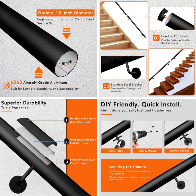 3FT Aluminum Stair Handrail With 400Lbs Capacity, Wall-Mounted Stair Railing With 1.5" Pipe, Powder Coated Black Finish For Indoor Outdoor Use On Stairs, Porch, Deck And Stairway