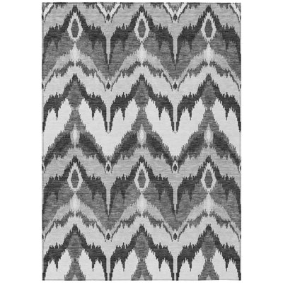 8' X 10' Gray Silver And Charcoal Ikat Washable Indoor Outdoor Area Rug
