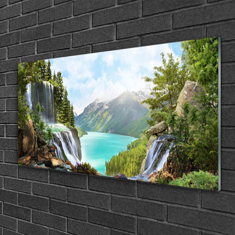 Nature Mountain Bay Waterfall - No Frame Print on Glass
