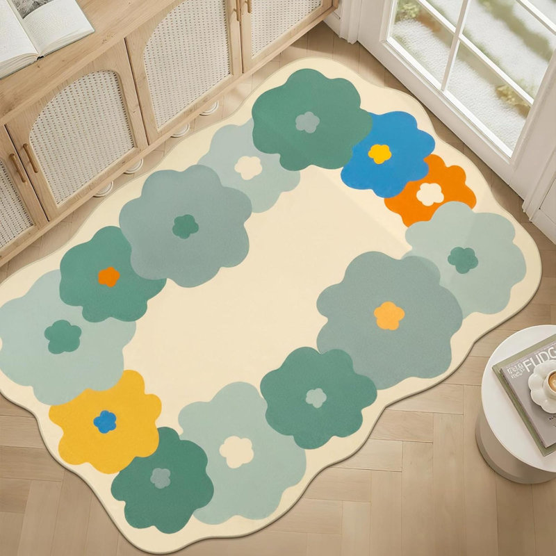 Rregular  Floral Area Rug, Washable, Non Slip Rubber Backing, Soft Indoor Floor Carpet For Living Room, Bedroom, Kids Room, Dining Room, Entryway