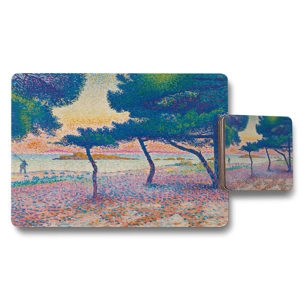 Impressionist Beach and Pine Tree Landscape Placemat Coaster Set