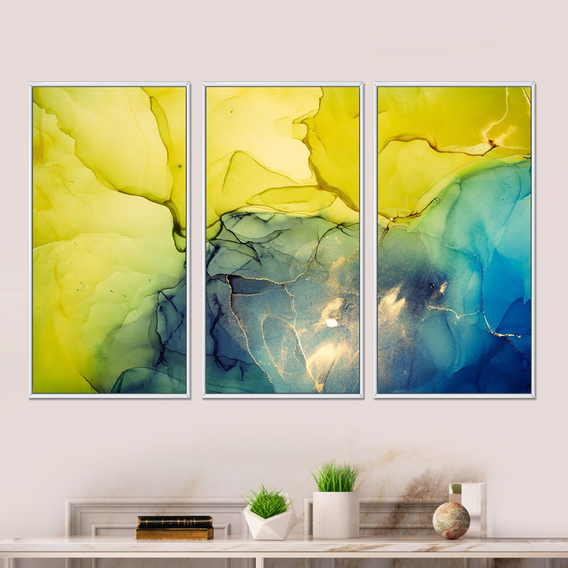 «Yellow and Blue Marble Waves II», ensemble d'art mural moderne sur toile encadrée 3