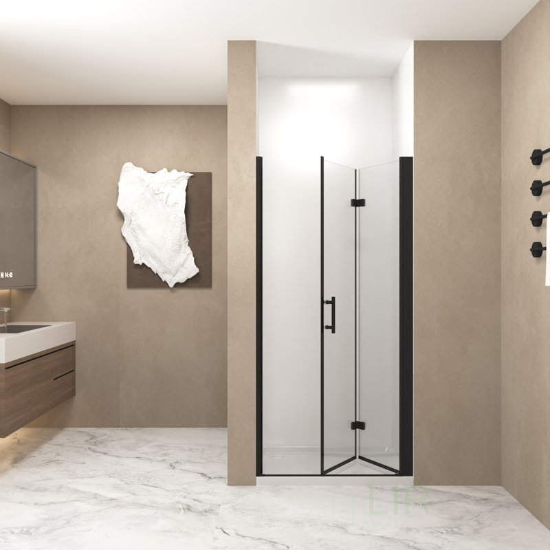32X72 Inch Bifold Shower Door, Tempered Glass With Explosion Proof Film, Matte Black Frame For Modern Bathrooms, Shower Door
