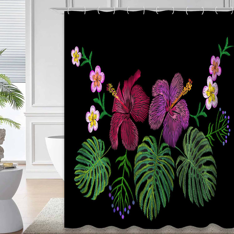 Rideau de douche imperméable avec 12 crochets TropicBlossom Exotic Hibiscus Jungle Bath Decor, 72" L x 84" W