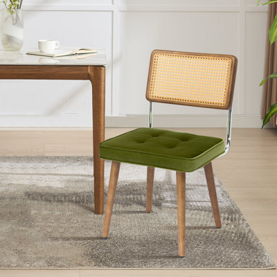 Ensemble de 2 chaises de salle à manger en rotin de style Mid-Century rembourrées en lin ou en velours avec cadre en bois massif et dossier en canne polyvalent pour la salle à manger, le salon ou le bureau
